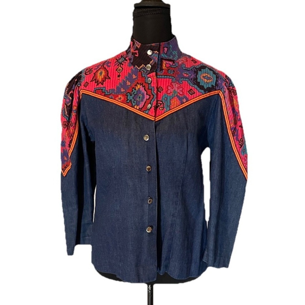 VTG Applause III By Marge Kane Denim Western Shirt Aztec Print Yoke Made In USA